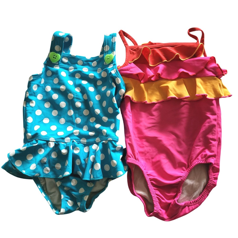 Old Navy Swimsuit Lot Girls 3T Polkadot Ruffle Pink Blue One Piece Bathing Suits